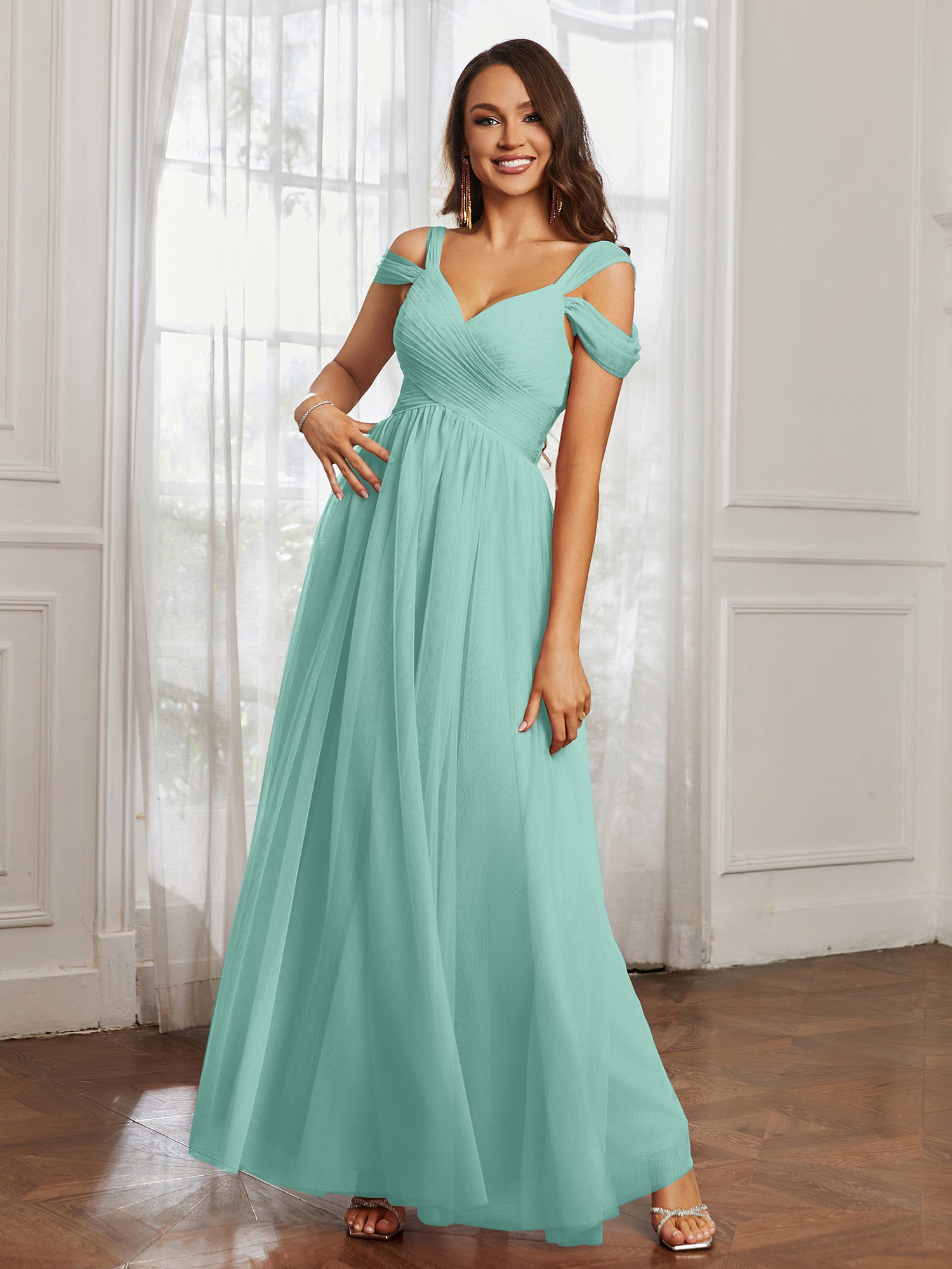 Off-the-shoulder Ruched Tulle A-line Dress Turquoise